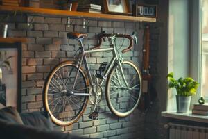 ai generato sport bicicletta sospeso su parete nel appartamento, funzionale vivente spazio foto