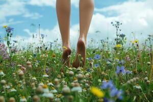 ai generato rilassato estate giorno con femmina gambe nel fioritura prato foto