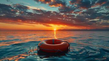 ai generato vita salvagente alla deriva nel oceano tramonto foto