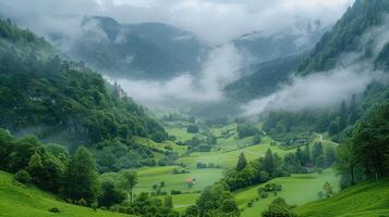 ai generato verde valle pieno con alberi foto