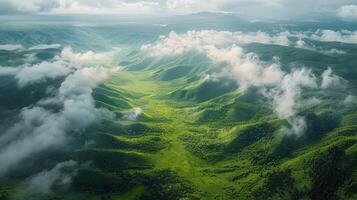 ai generato aereo Visualizza di lussureggiante verde valle foto