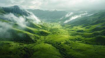 ai generato aereo Visualizza di lussureggiante verde valle foto