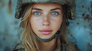 ai generato femmina soldato nel militare uniforme con casco foto