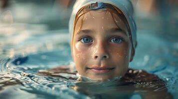 ai generato giovane ragazzo nuoto nel piscina foto