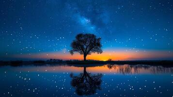 ai generato solitario albero in piedi nel lago a notte foto