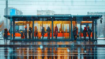 ai generato gruppo di persone in attesa a autobus fermare foto