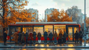 ai generato gruppo di persone in attesa a autobus fermare foto