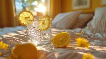 ai generato bicchiere di acqua con Limone fette su letto foto