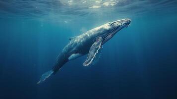 ai generato gobba balena nuoto nel il oceano foto