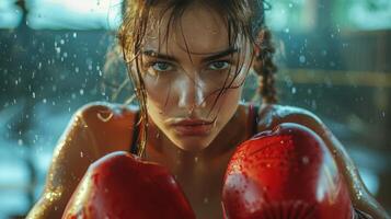 ai generato donna indossare rosso boxe guanto pose foto