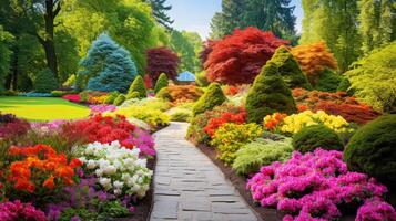 ai generato un' color arcobaleno giardino con fioritura fiori. generativo ai foto