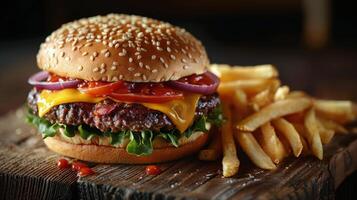 ai generato Hamburger e patatine fritte su di legno tavolo foto