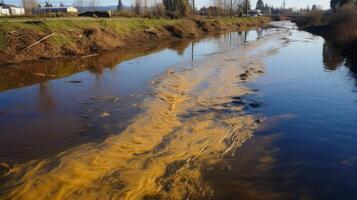 ai generato un' fiume inquinata con agricolo deflusso e pesticidi. generativo ai foto