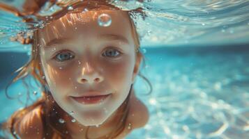 ai generato giovane ragazza nuoto subacqueo nel piscina foto