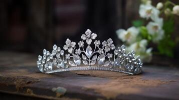 ai generato un' argento tiara adornare un' della sposa testa. generativo ai foto