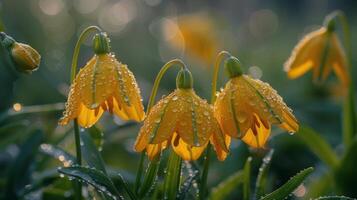 ai generato vivace giallo fiore con acqua goccioline foto