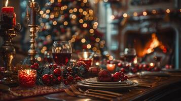 ai generato Natale cena tavolo impostato con candele foto