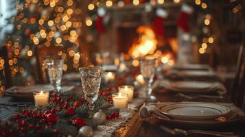 ai generato Natale cena tavolo impostato con candele foto