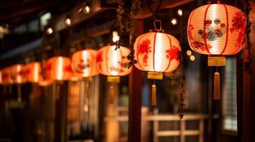 ai generato un' tradizionale giapponese pensione con carta lanterne e tradizionale arredamento. generativo ai foto