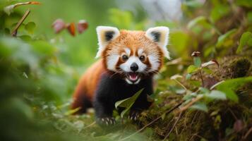 ai generato adorabile rosso panda nel un' bambù boschetto. generativo ai foto