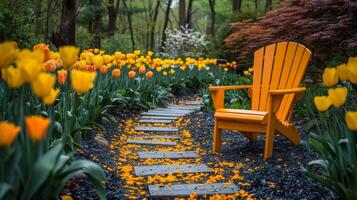 ai generato di legno sedia nel giardino foto