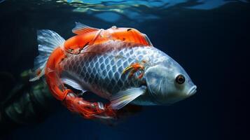 ai generato pesce catturato nel un' scartato plastica squillo. generativo ai foto