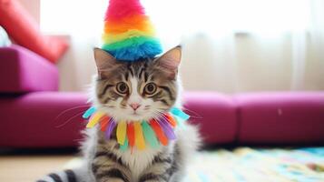 ai generato sciocco cappello gatto vita di il festa. generativo ai foto