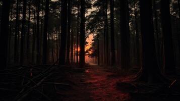 ai generato buio e lunatico foresta a tramonto. generativo ai foto
