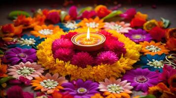 ai generato Diwali decorazioni con vivace floreale rangoli. generativo ai foto
