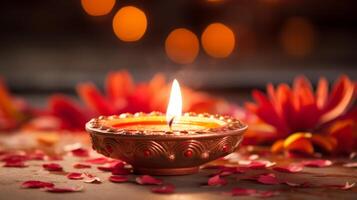 ai generato Diwali diya getto un' caldo e invitante splendore nel un' tranquillo ambientazione. generativo ai foto