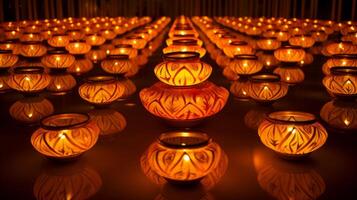 ai generato Diwali lampade disposte nel un' ipnotizzante e intricato formazione. generativo ai foto