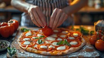 ai generato persona fabbricazione Pizza con pomodori e Mozzarella foto