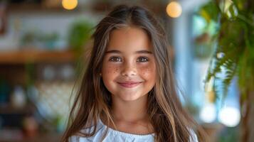 ai generato giovane ragazza sorridente con lungo capelli foto