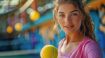 ai generato giovane donna Tenere tennis palla e racchetta foto