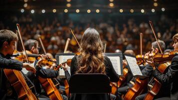 ai generato donna giocando violino a concerto foto