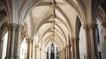 ai generato ornato archi nel un' storico Cattedrale. generativo ai foto