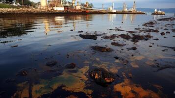 ai generato inquinata costiero acque con galleggiante olio. generativo ai foto