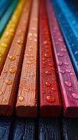 ai generato riga di arcobaleno colorato matite con acqua goccioline foto