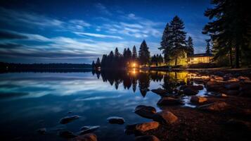 ai generato il sereno bellezza di un' in riva al lago a notte. generativo ai foto