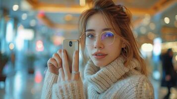 ai generato donna nel bianca maglione Tenere cellula Telefono foto