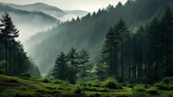 ai generato tritono foresta paesaggio nel nebbioso ambiente. generativo ai foto