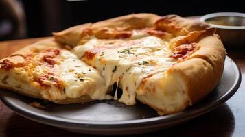 ai generato un' avvicinamento di un' in profondità piatto Pizza con appiccicoso formaggio. generativo ai foto