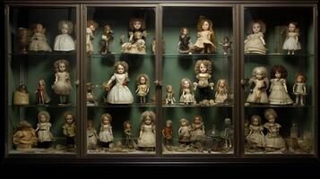 ai generato un' collezione di antico porcellana bambole nel un' bicchiere mobiletto. generativo ai foto