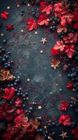 ai generato rosso e oro le foglie e frutti di bosco su nero sfondo foto