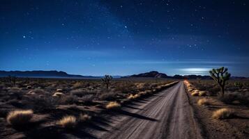 ai generato un' deserto strada con un' chiaro, stella pieno notte cielo. generativo ai foto