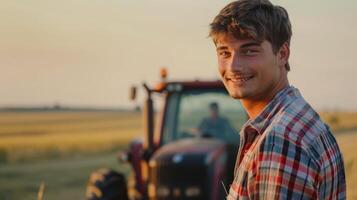 ai generato giovane contadino nel plaid camicia sorridente di grande trattore, campo sfondo foto
