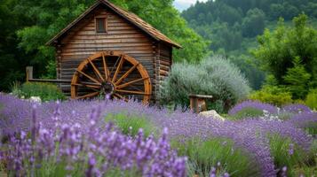 ai generato rustico di legno mulino in mezzo vivace lavanda campo foto