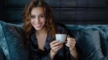 ai generato giovane bellissimo donna nel nero seta accappatoio gode caffè su buio blu divano, sorridente scherzosamente a telecamera foto