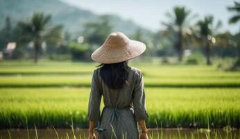 ai generato un asiatico donna è Lavorando il riso nel un' campo foto