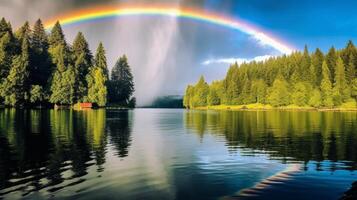 ai generato un' luminoso arcobaleno inarcando al di sopra di un' tranquillo lago. generativo ai foto